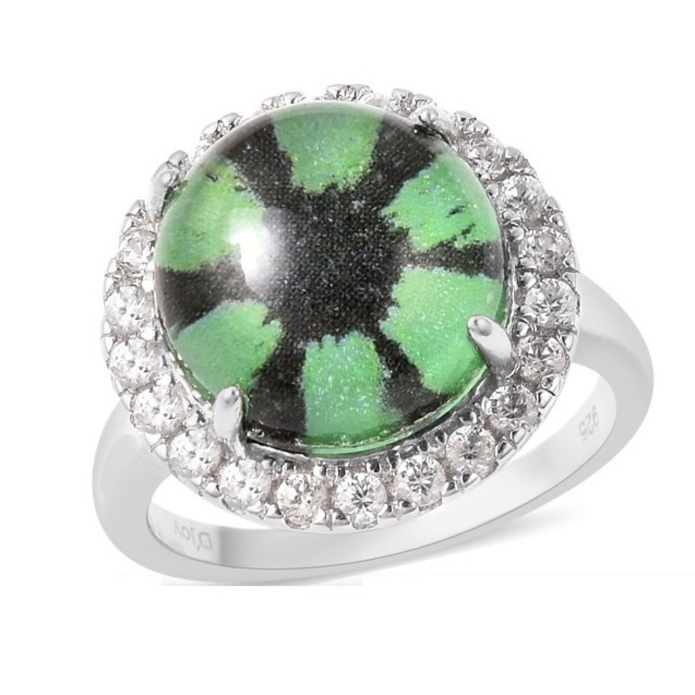 #17 Trapiche Emerald Quartz & Zircon 7.75 Ctw Eyeball Ring Sterling Silver sz 7
